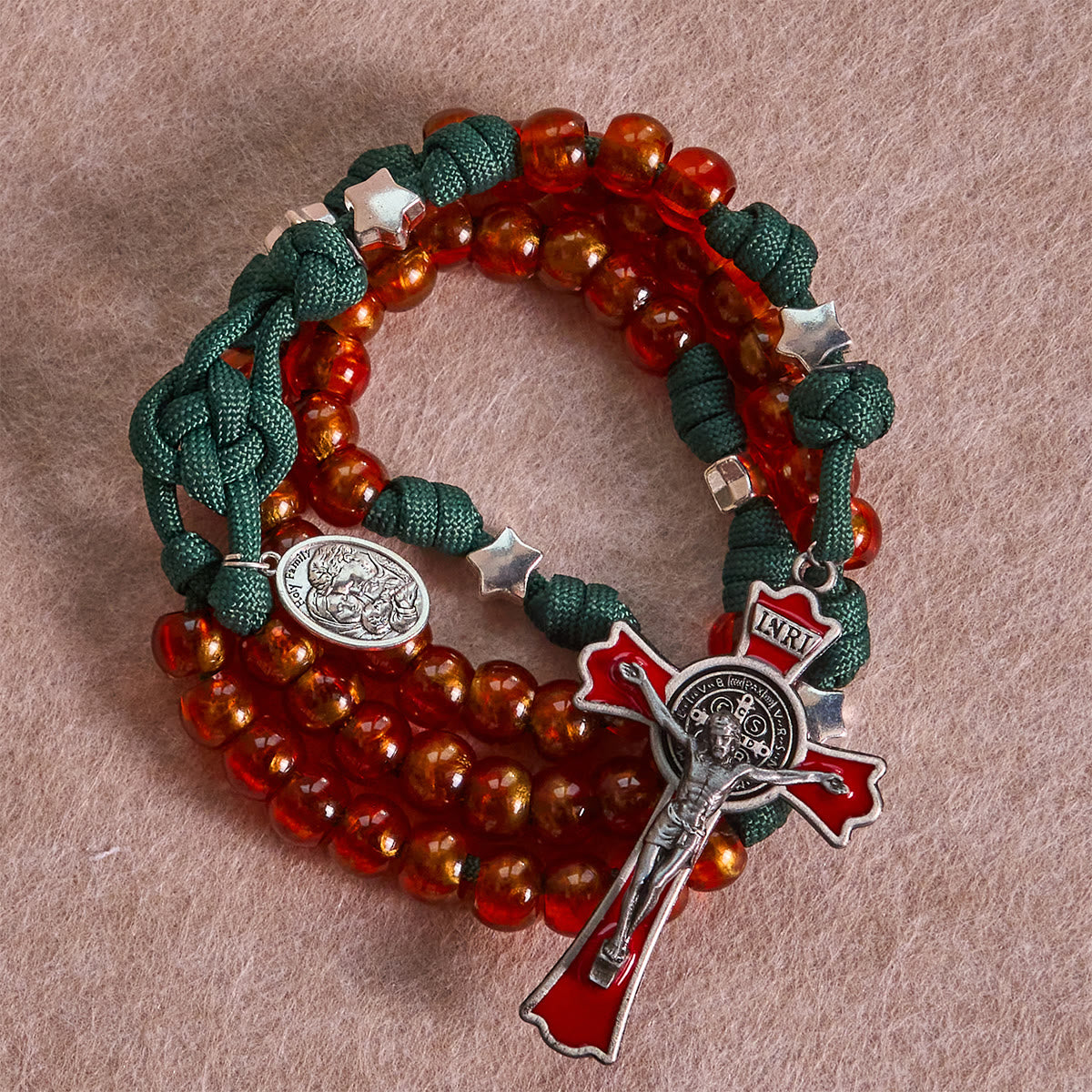 Amber-Tone Beads Green Paracord Christmas Rosary with Holy Family