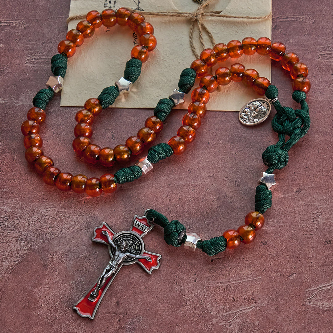 Christianartworkshop Christmas Gift: Amber-Tone Beads and Green Paracord Christmas Rosary with Holy Family Medal - image 6