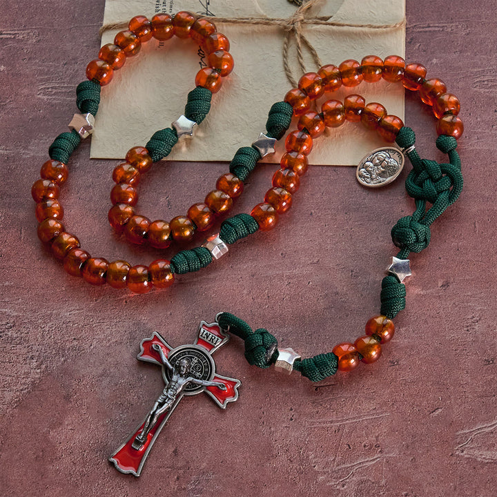 Christianartworkshop Christmas Gift: Amber-Tone Beads and Green Paracord Christmas Rosary with Holy Family Medal - image 6