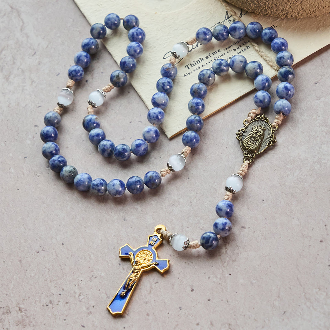 FREE Today: Immaculate Heart of Mary & Crucifix of 8 mm Round Blue Stone Nylon Cord Rosary - Golden Crucifix - image 7