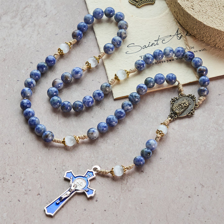 FREE Today: Immaculate Heart of Mary & Crucifix of 8 mm Round Blue Stone Nylon Cord Rosary - Silver Crucifix - image 0