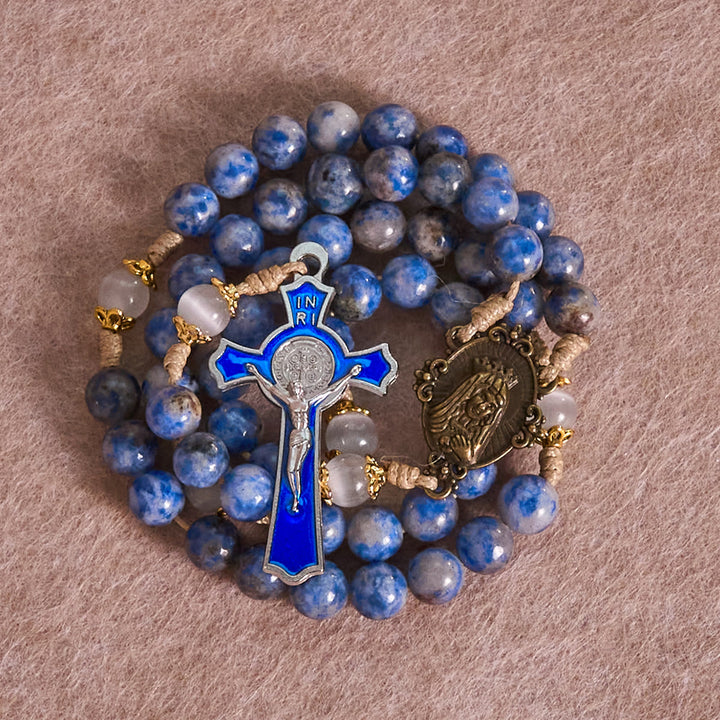 Christianartworkshop Immaculate Heart of Mary & Crucifix of 8 mm Round Blue Stone Nylon Cord Rosary - image 6