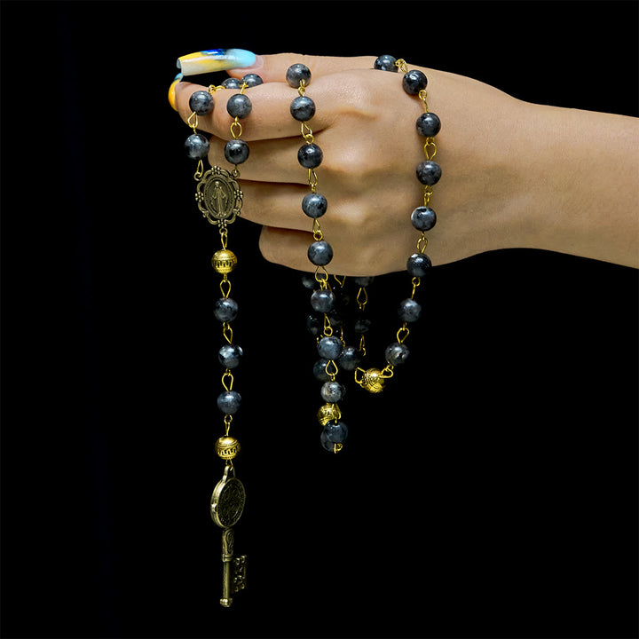 FREE Today: Miraculous Medal & Saint Benedict Key of 8 mm Round Black Stone Alloy Chain Rosary - image 7