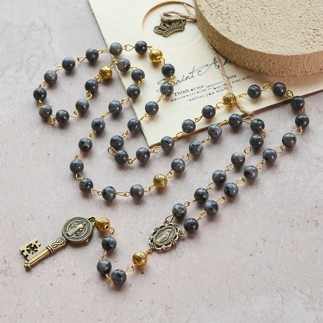 FREE Today: Miraculous Medal & Saint Benedict Key of 8 mm Round Black Stone Alloy Chain Rosary - image 1