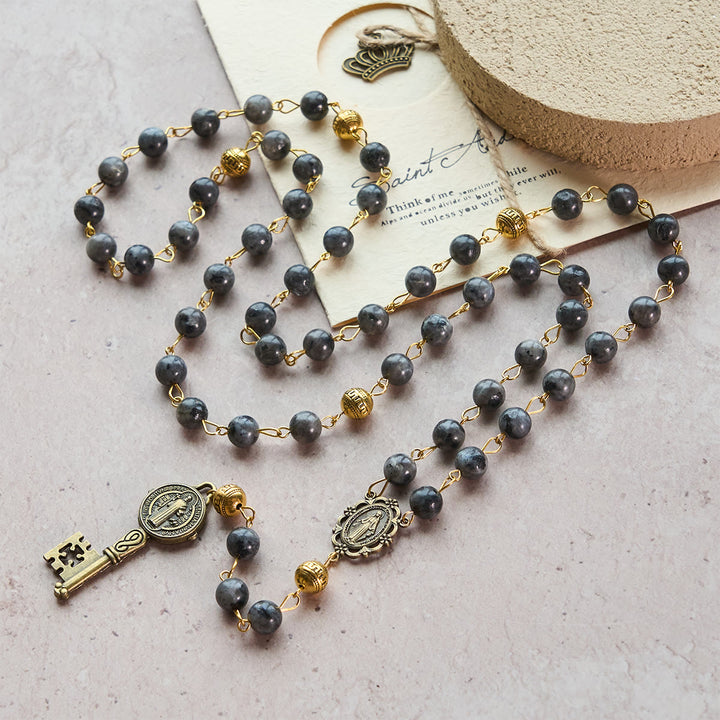 FREE Today: Miraculous Medal & Saint Benedict Key of 8 mm Round Black Stone Alloy Chain Rosary - image 1