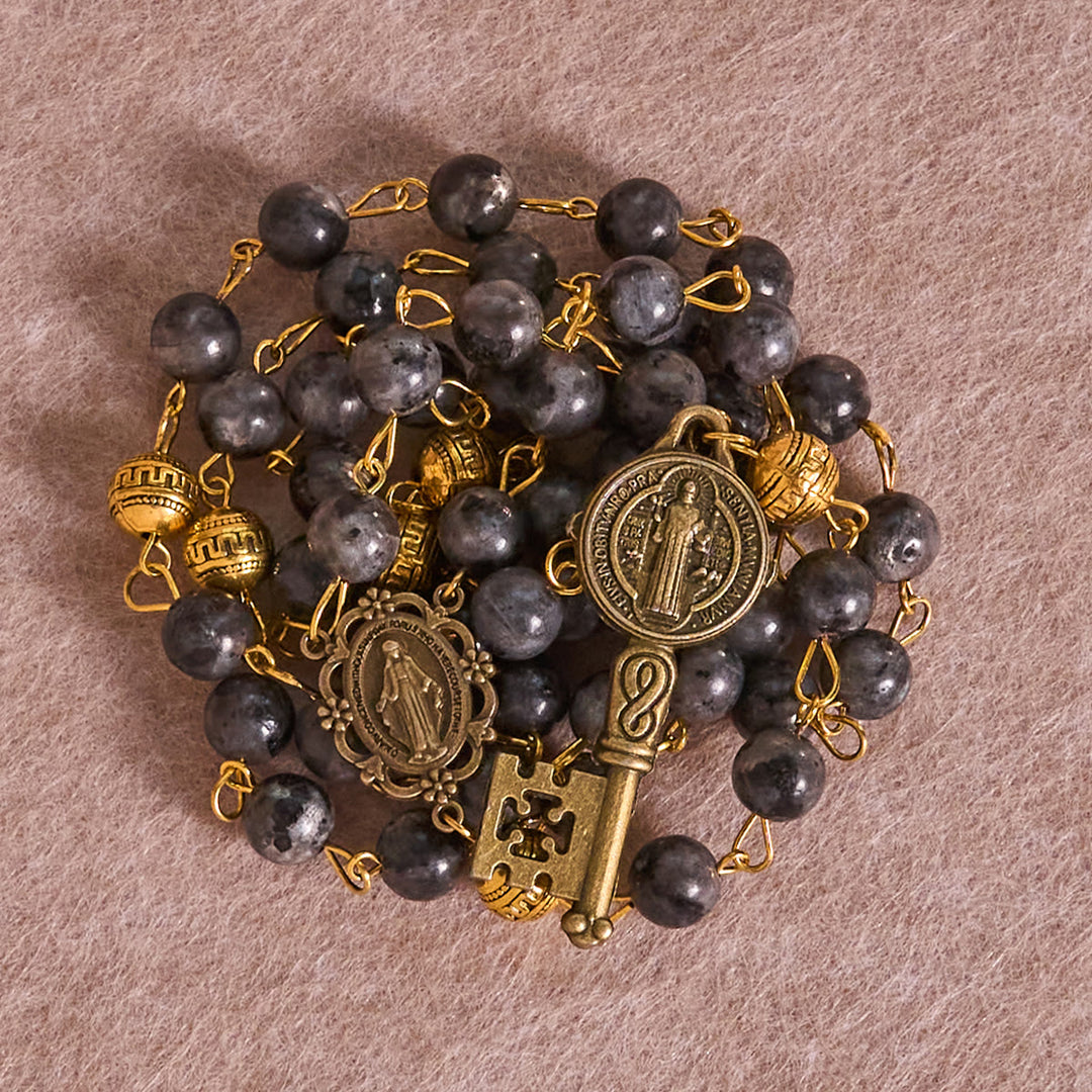 FREE Today: Miraculous Medal & Saint Benedict Key of 8 mm Round Black Stone Alloy Chain Rosary - image 6