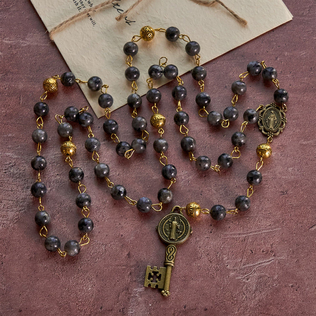 FREE Today: Miraculous Medal & Saint Benedict Key of 8 mm Round Black Stone Alloy Chain Rosary - image 3
