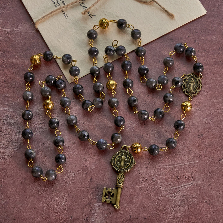 FREE Today: Miraculous Medal & Saint Benedict Key of 8 mm Round Black Stone Alloy Chain Rosary - image 3