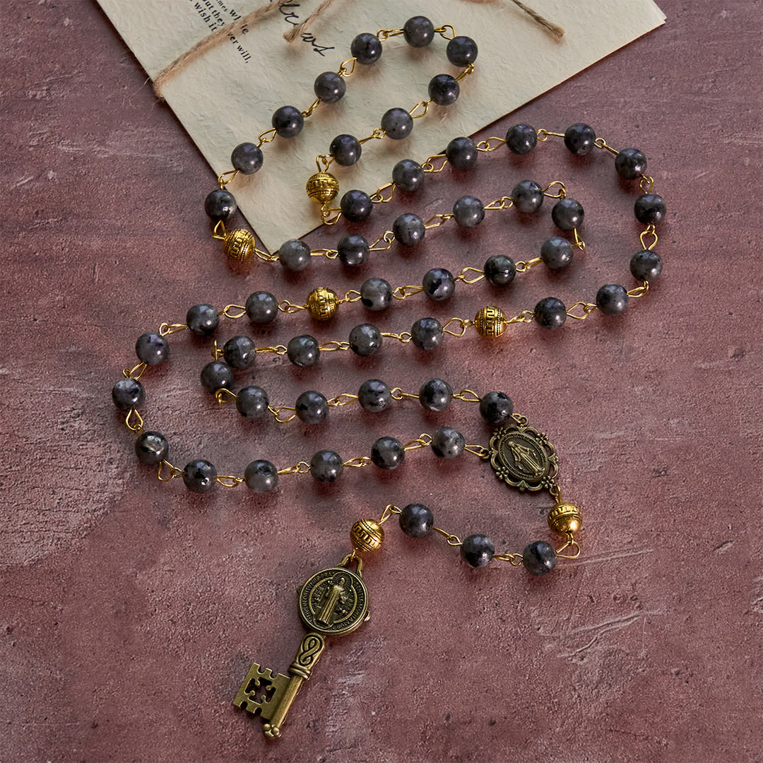 FREE Today: Miraculous Medal & Saint Benedict Key of 8 mm Round Black Stone Alloy Chain Rosary - image 2