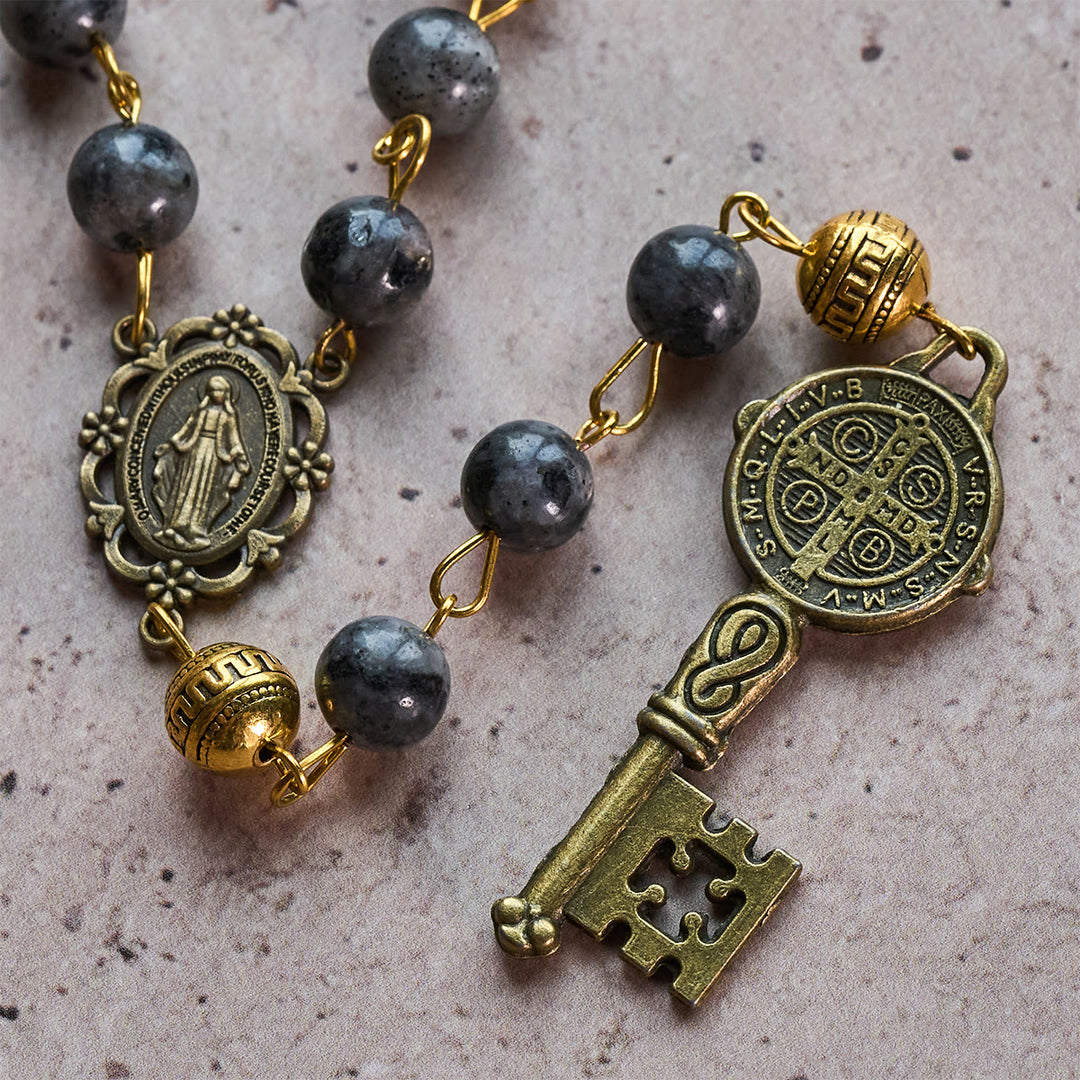 Christianartworkshop Miraculous Medal & Saint Benedict Key of 8 mm Round Black Stone Alloy Chain Rosary - image 5