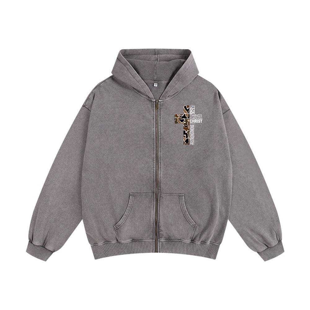 Christianartworkshop Cross Motif Hooded Jacket: All Things Through Christ for Church & Daily - Grey - 2XL - image 4