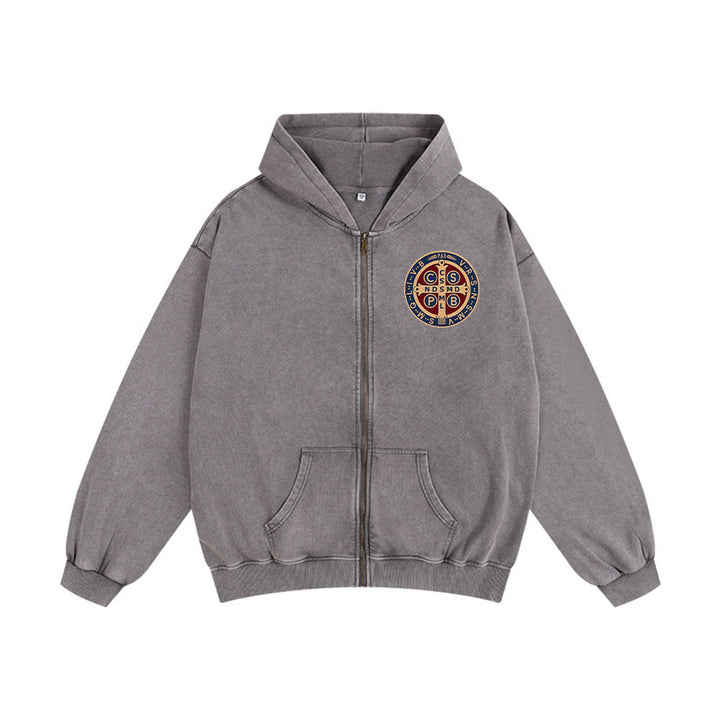 Christianartworkshop St. Benedict Cross Hooded Jacket: Faith Protection for Daily Wear - Grey - 2XL - image 0