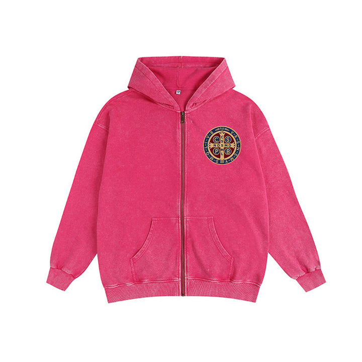 Christianartworkshop St. Benedict Cross Hooded Jacket: Faith Protection for Daily Wear - Rose - 2XL - image 13