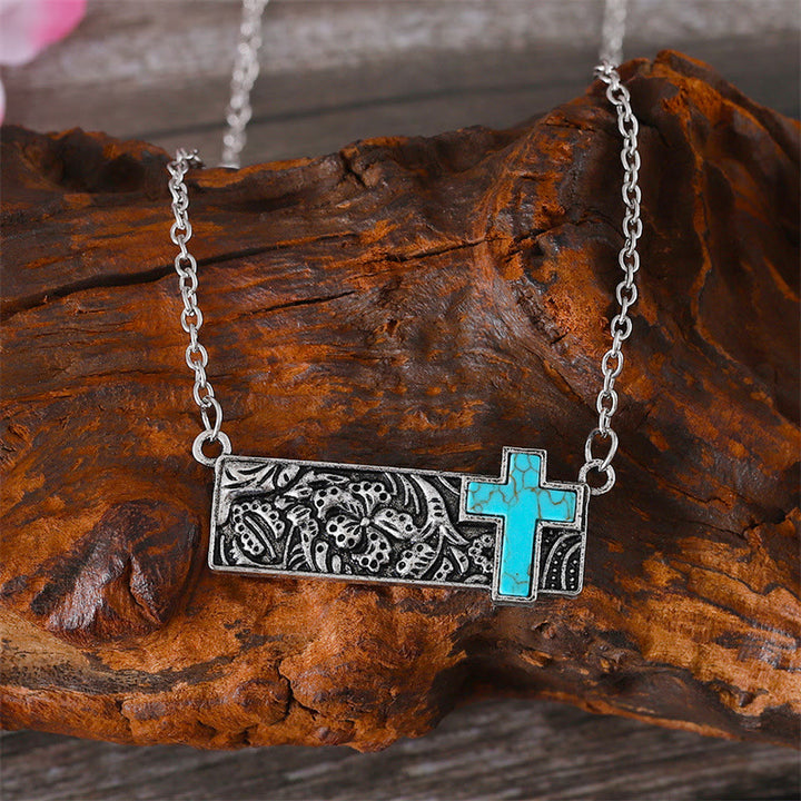 Christianartworkshop Turquoise Cross Bar Pendant Necklace: Western Faith & Artistic Devotion - Turquoise Cross - image 0