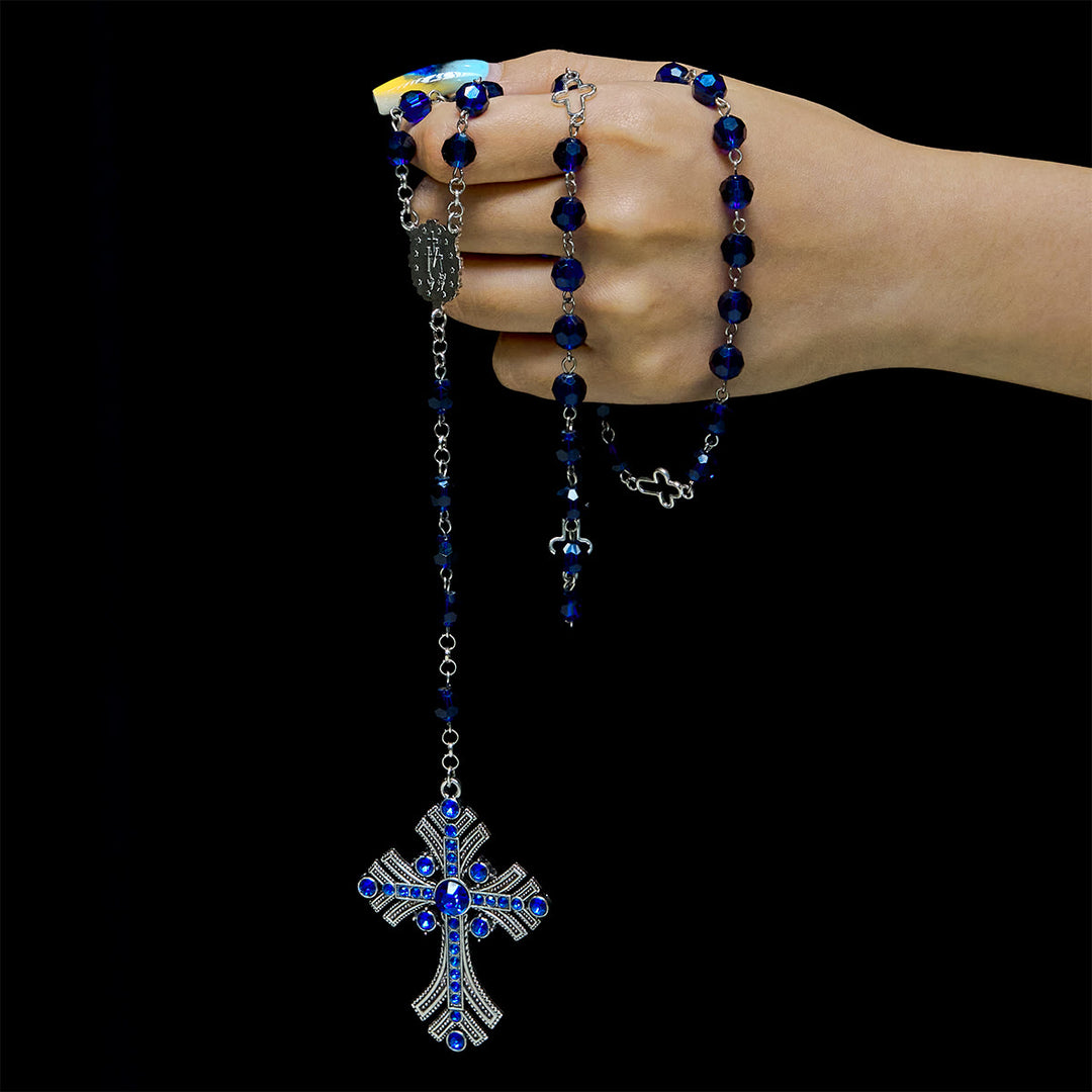 FREE Today: Christian Art Miraculous Medal & Cross of 8 mm Polyhedron Blue Crystal Alloy Chain Rosary - image 1