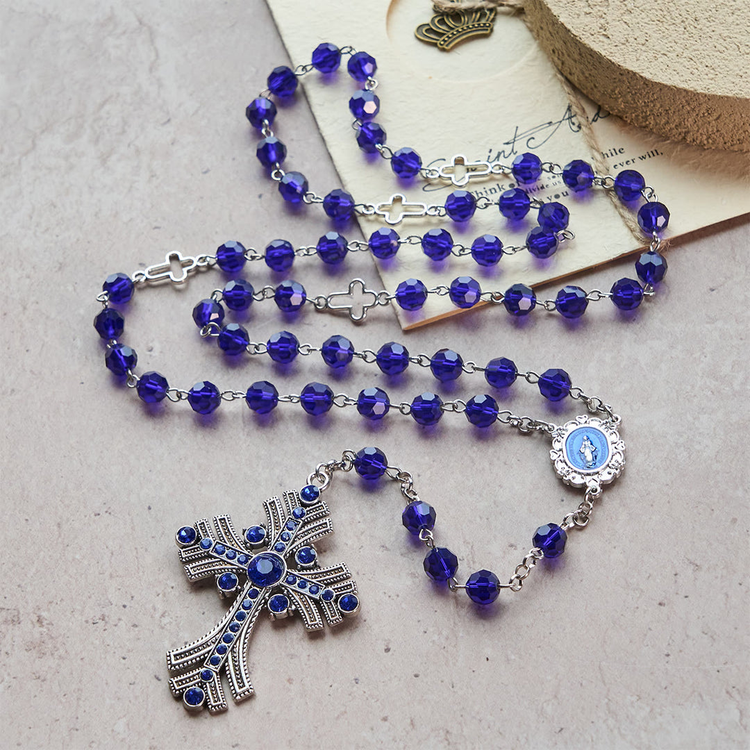 FREE Today: Christian Art Miraculous Medal & Cross of 8 mm Polyhedron Blue Crystal Alloy Chain Rosary - image 2