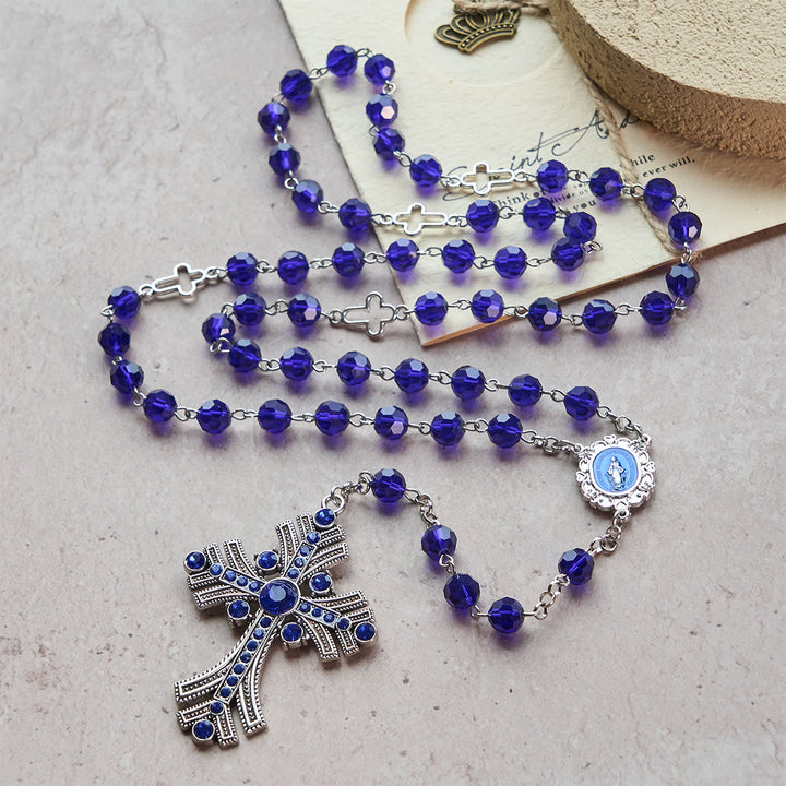 FREE Today: Christian Art Miraculous Medal & Cross of 8 mm Polyhedron Blue Crystal Alloy Chain Rosary - image 2
