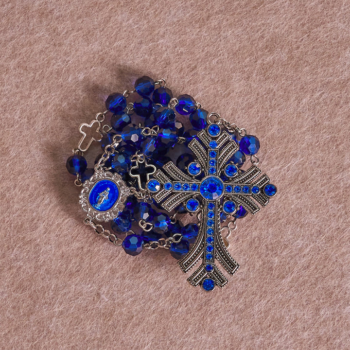 FREE Today: Christian Art Miraculous Medal & Cross of 8 mm Polyhedron Blue Crystal Alloy Chain Rosary - image 3