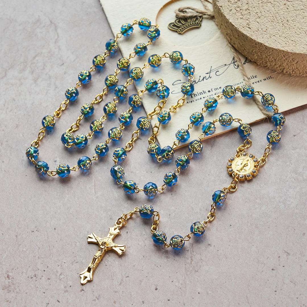 FREE Today: Christian Art St. Benedict Medal & Crucifix of 8 mm Round Multicolor Acrylic Alloy Chain Rosary - Blue - image 0
