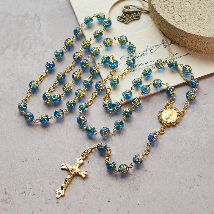 FREE Today: Christian Art St. Benedict Medal & Crucifix of 8 mm Round Multicolor Acrylic Alloy Chain Rosary - Blue - image 0