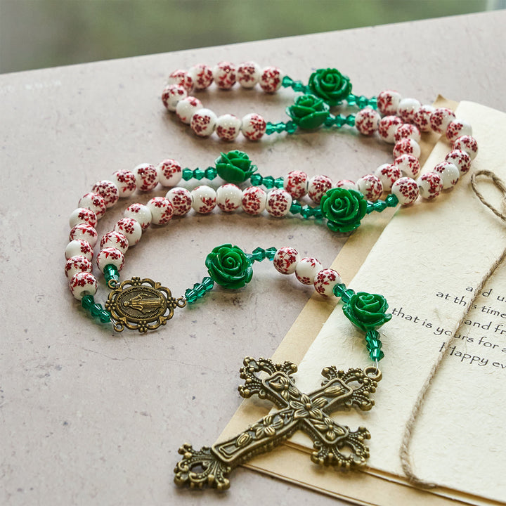 FREE Today: Red Floral Ceramic Beads Rosary with Green Rose: The Garden of Mary's Love - image 3
