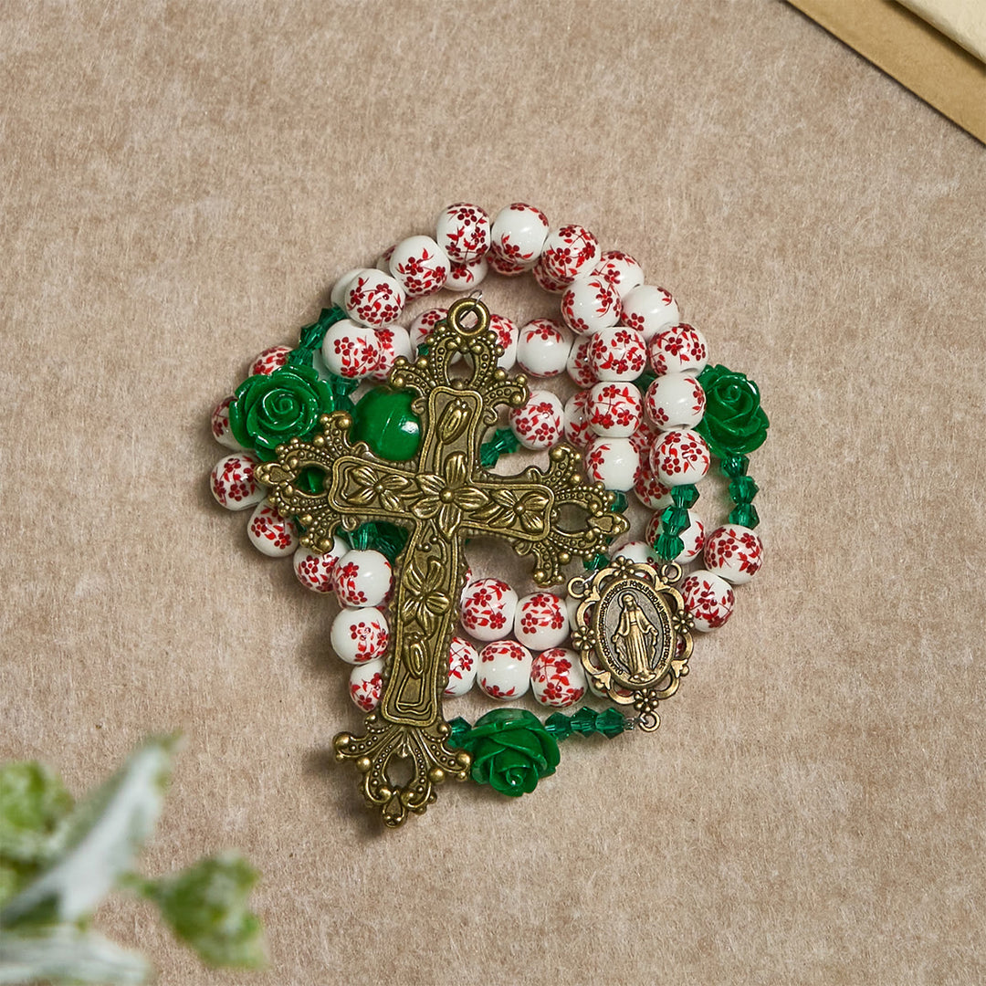 Christianartworkshop Christmas Gift: Red Floral Ceramic Beads Rosary with Green Rose: The Garden of Mary's Love - image 5