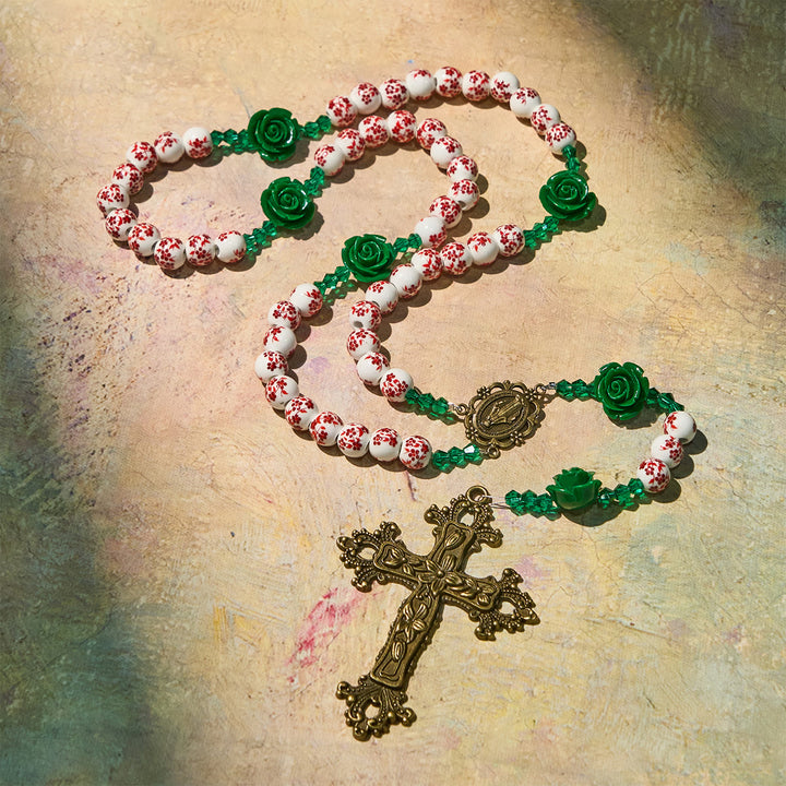 Christianartworkshop Red Floral Ceramic Beads Rosary with Green Rose: The Garden of Mary's Love - image 7