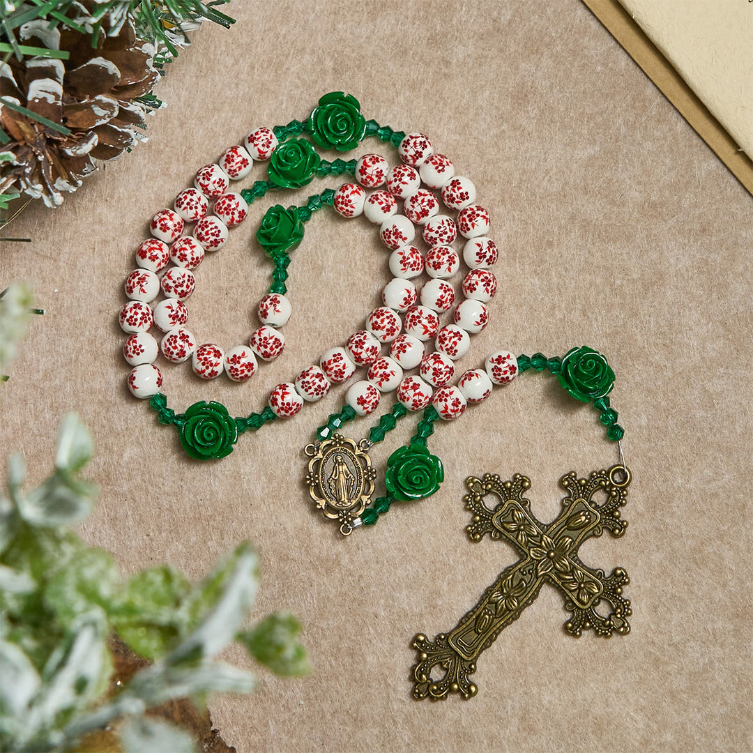 Christianartworkshop Red Floral Ceramic Beads Rosary with Green Rose: The Garden of Mary's Love - image 4