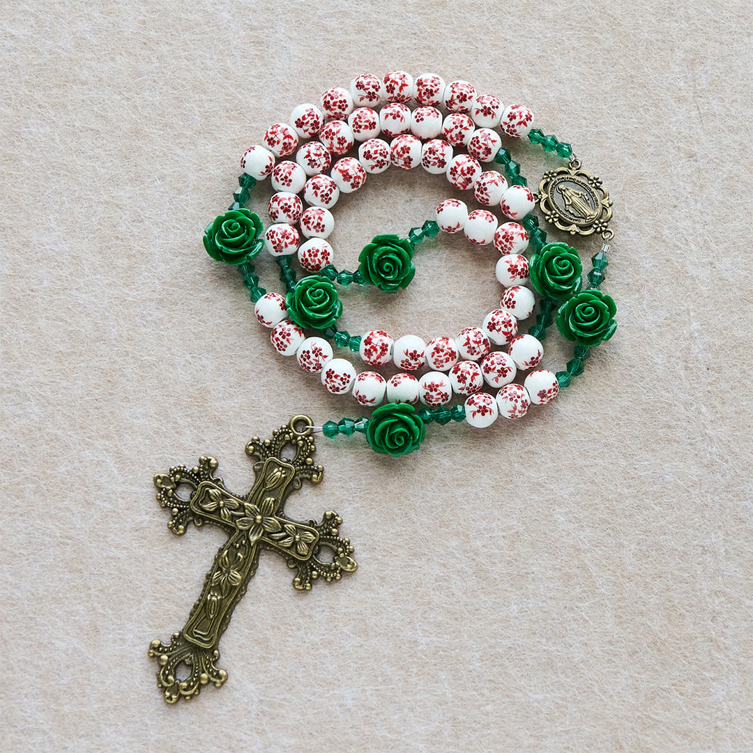 Christianartworkshop Christmas Gift: Red Floral Ceramic Beads Rosary with Green Rose: The Garden of Mary's Love - image 4