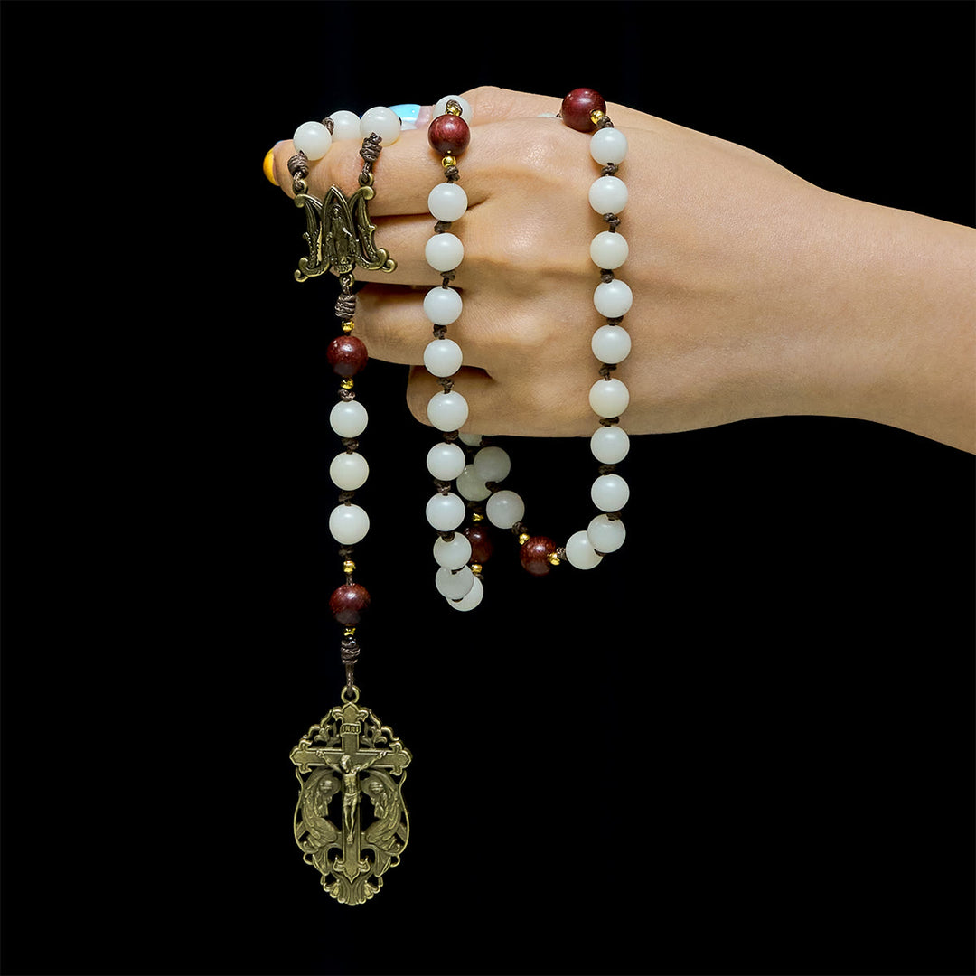 Christianartworkshop White Bodhi & Brown Wood Sacred Harmony Rosary with Antique Our Lady - Our Lady & Crucifix - image 0