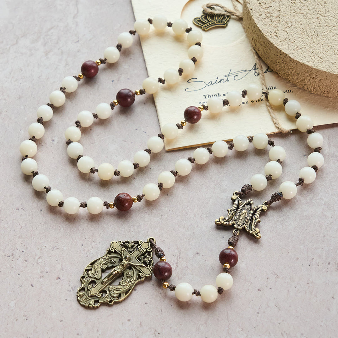 Christianartworkshop White Bodhi & Brown Wood Sacred Harmony Rosary with Antique Our Lady - image 2