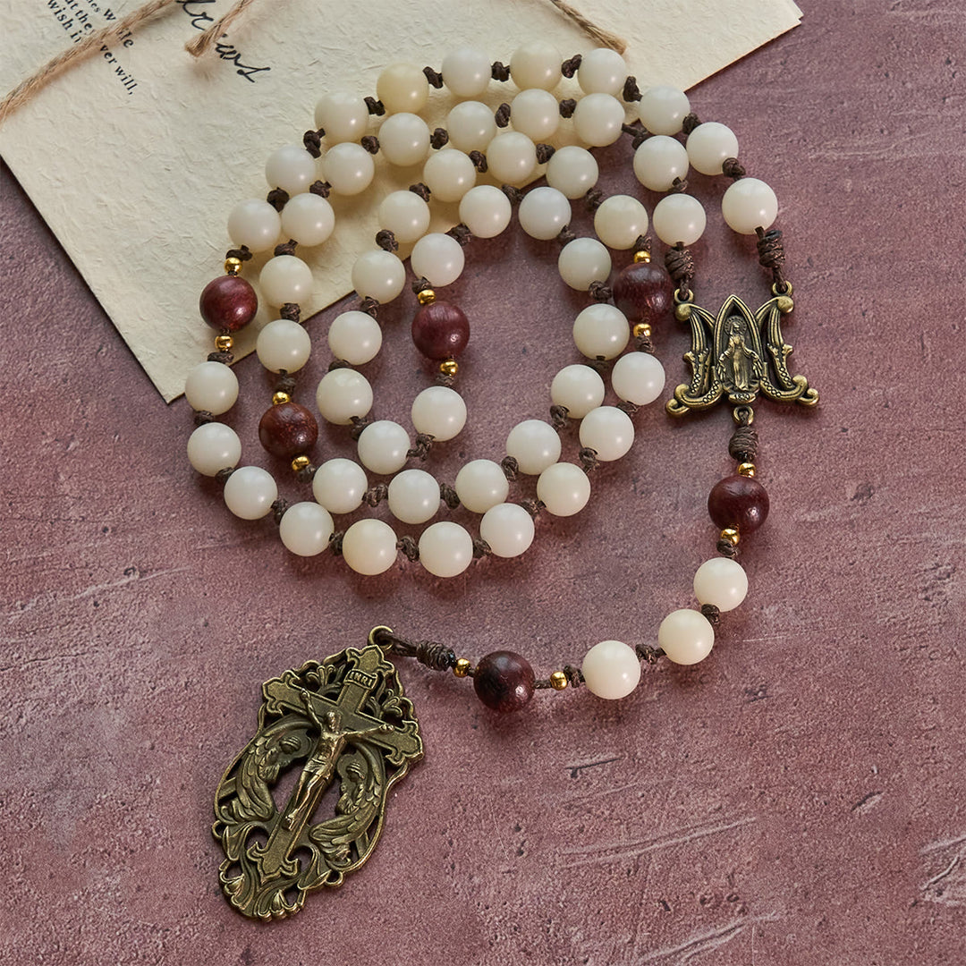 Christianartworkshop White Bodhi & Brown Wood Sacred Harmony Rosary with Antique Our Lady - image 4