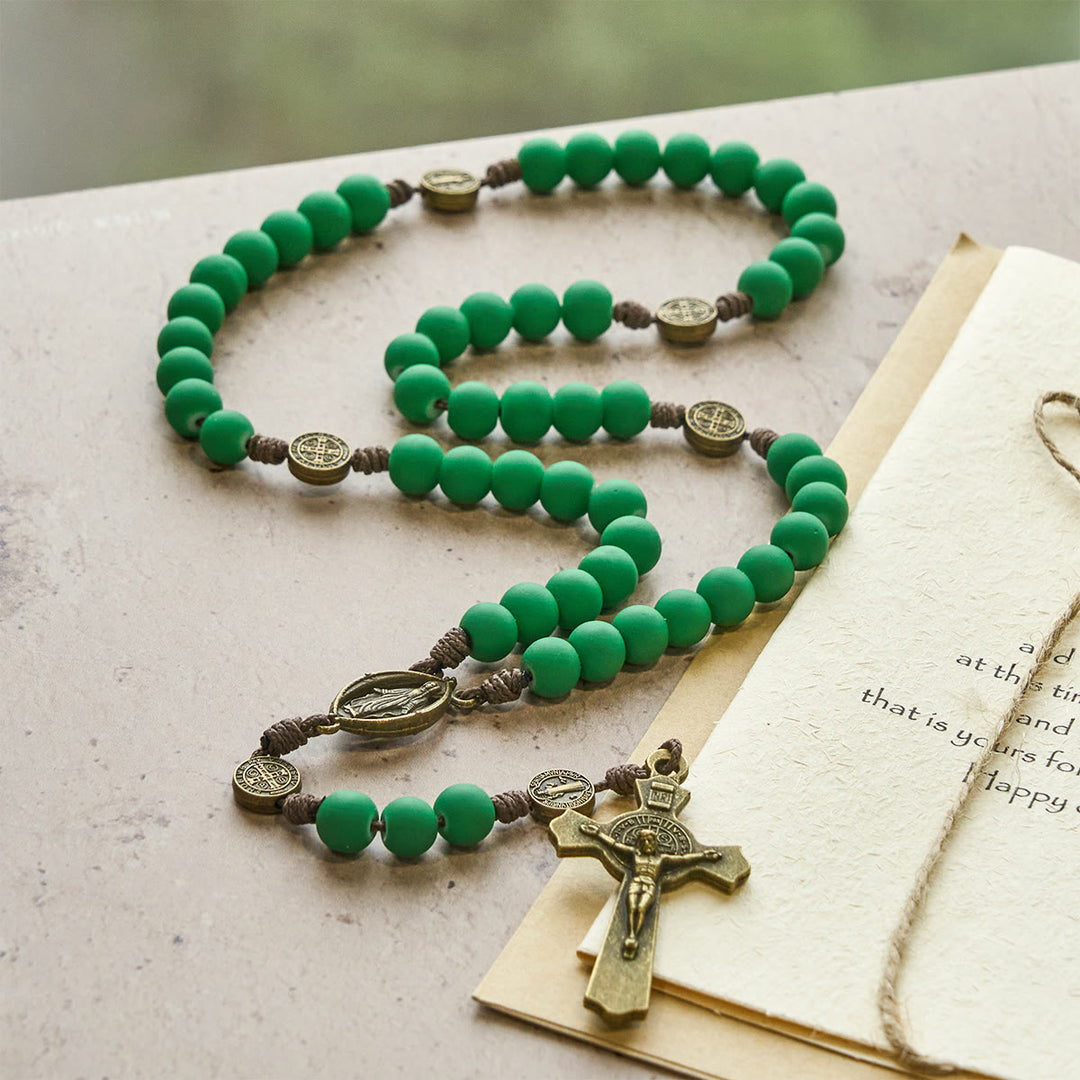 Christianartworkshop Christmas Gift: Matte Green Rubber Beads Rosary with St. Benedict Protection - image 2
