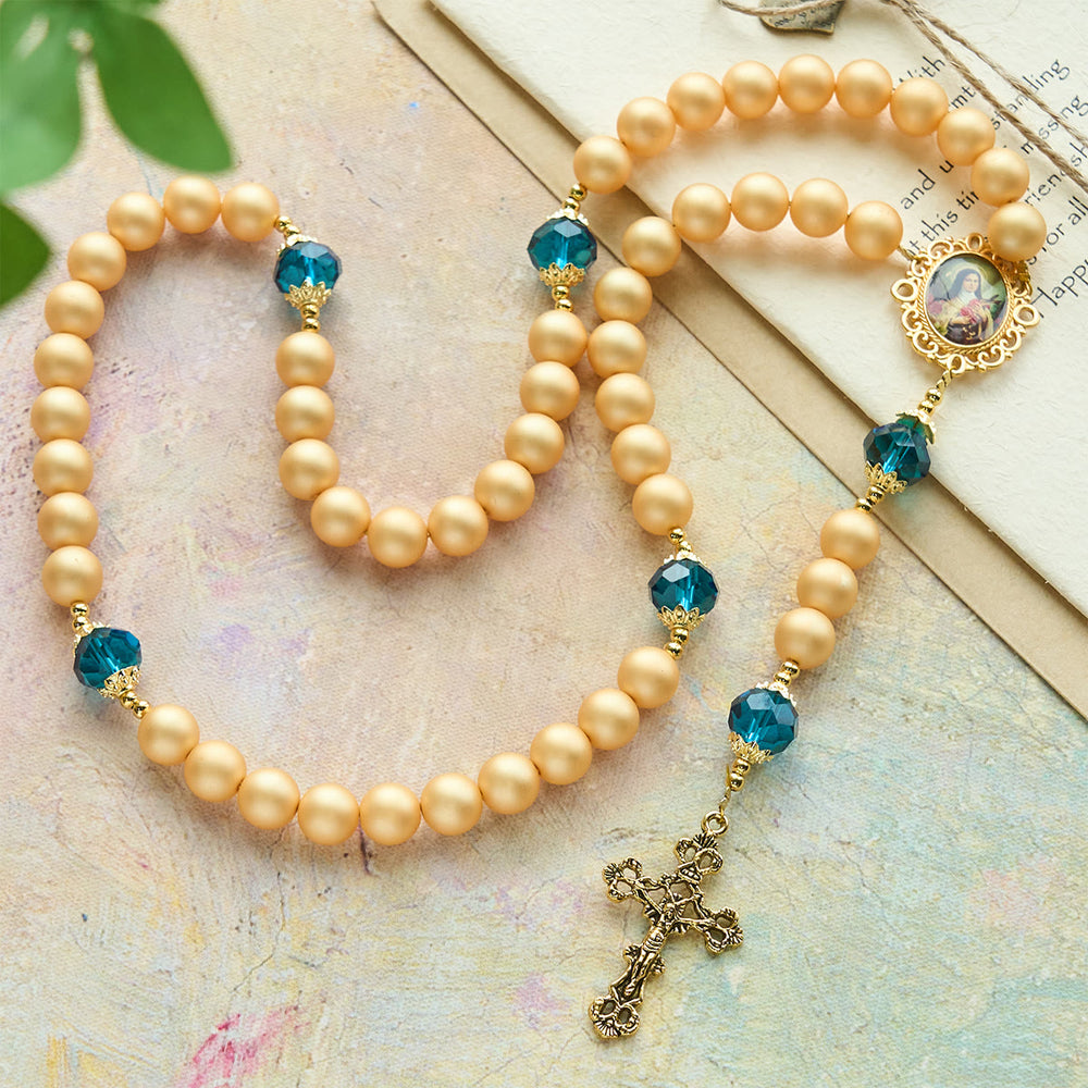 FREE Today: Elegant Matte Golden Pearl Rosary with St. Therese and Crucifix - image 1
