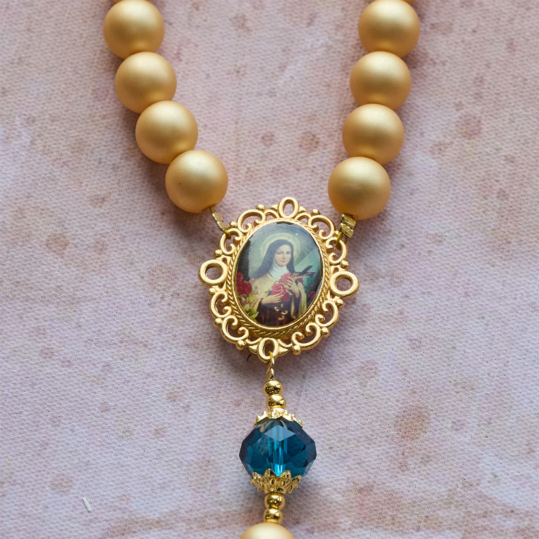 Christianartworkshop Elegant Matte Golden Pearl Rosary with St. Therese and Crucifix - image 9