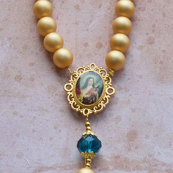 Christianartworkshop Elegant Matte Golden Pearl Rosary with St. Therese and Crucifix - image 9