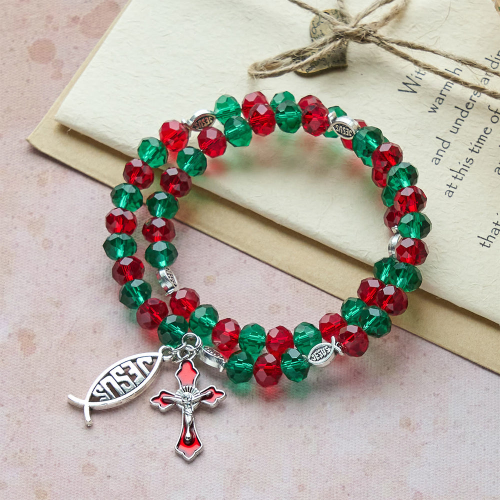 Christianartworkshop Faith Red & Green Memory Wire Rosary Bracelet with JESUS Fish & Crucifix - image 1