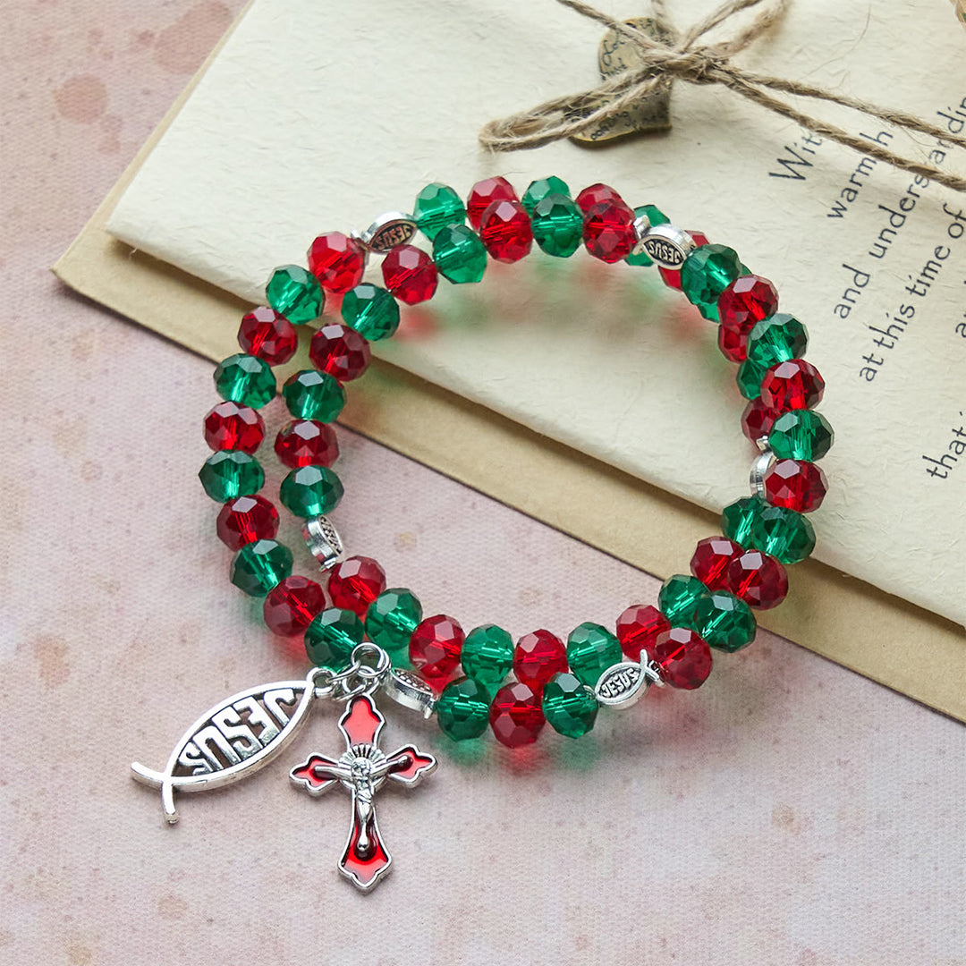 FREE Today: Faith Red & Green Memory Wire Rosary Bracelet with JESUS Fish & Crucifix - image 1