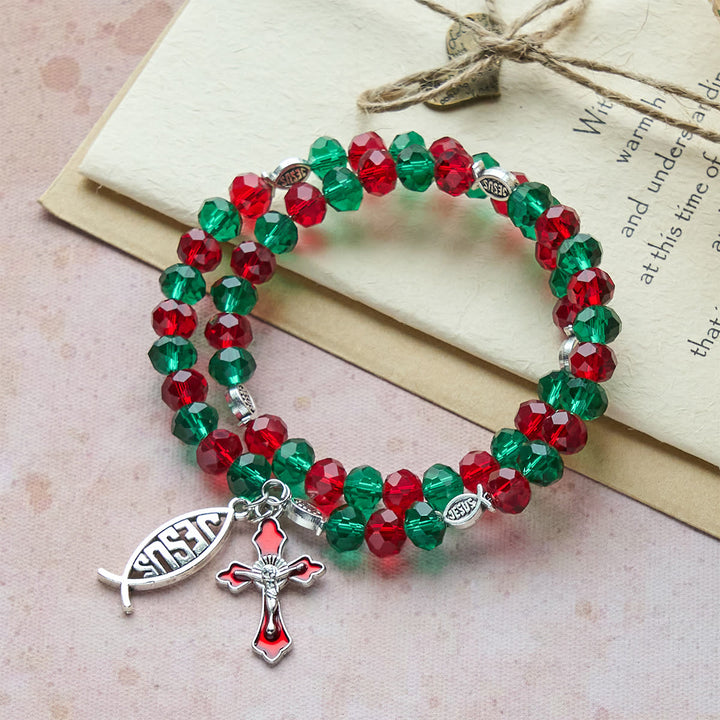 FREE Today: Faith Red & Green Memory Wire Rosary Bracelet with JESUS Fish & Crucifix - image 1