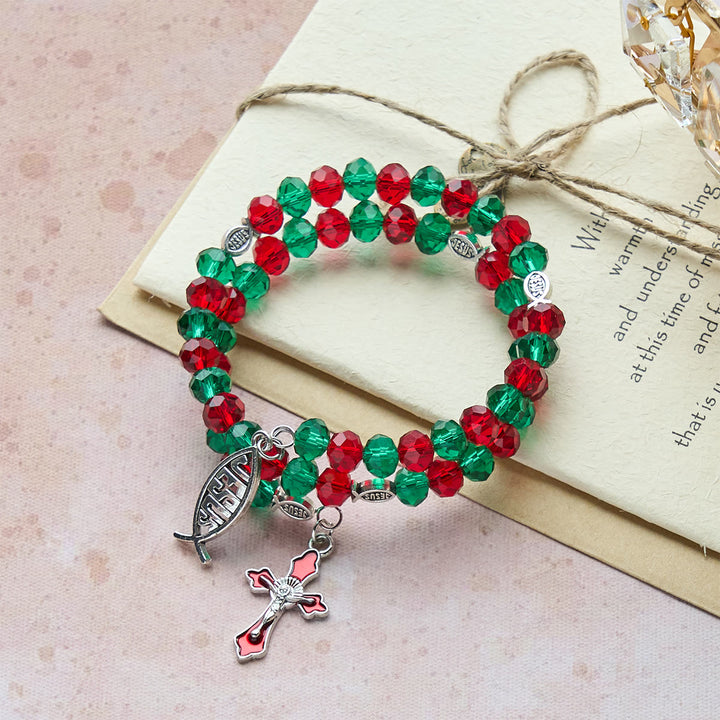 FREE Today: Faith Red & Green Memory Wire Rosary Bracelet with JESUS Fish & Crucifix - Wrist Circumference: 7.09"-9.06"/18-23cm - image 0