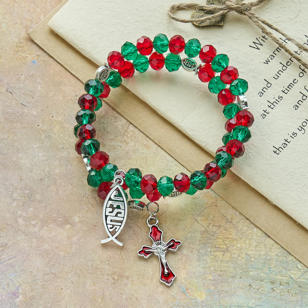 FREE Today: Faith Red & Green Memory Wire Rosary Bracelet with JESUS Fish & Crucifix - image 2