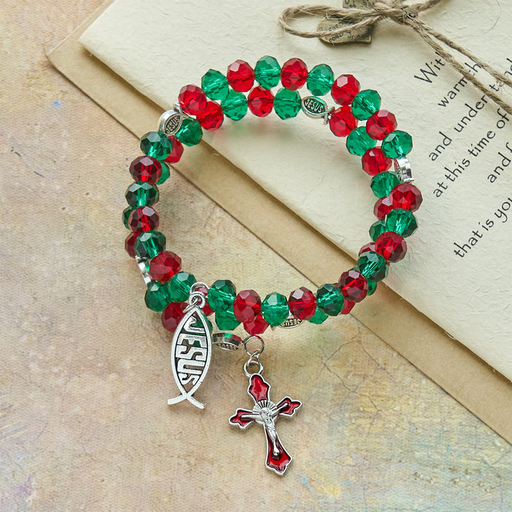 FREE Today: Faith Red & Green Memory Wire Rosary Bracelet with JESUS Fish & Crucifix - image 2