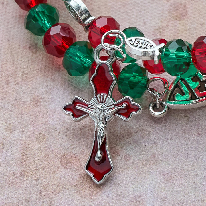 FREE Today: Faith Red & Green Memory Wire Rosary Bracelet with JESUS Fish & Crucifix - image 4