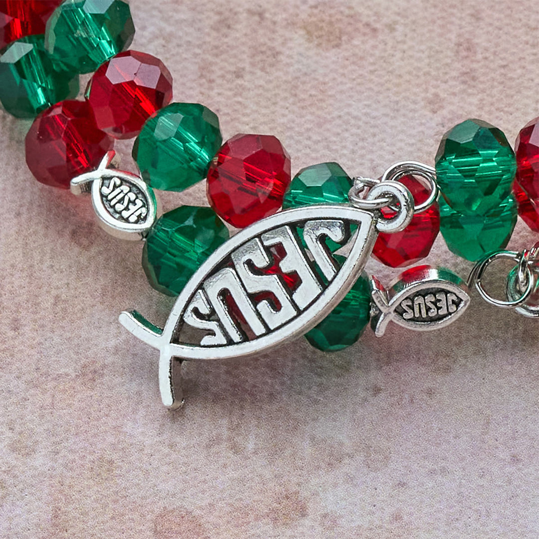 FREE Today: Faith Red & Green Memory Wire Rosary Bracelet with JESUS Fish & Crucifix - image 3