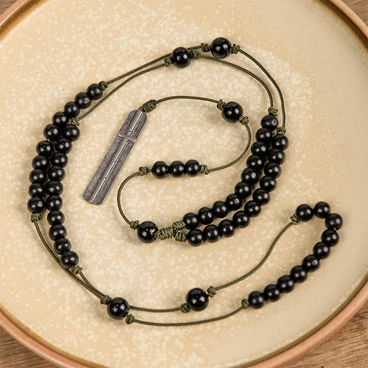 Christianartworkshop Rustic-Contemporary Cross of 7 mm Round Natural Wood Beads Rope Weaving Chain Rosary - image 6