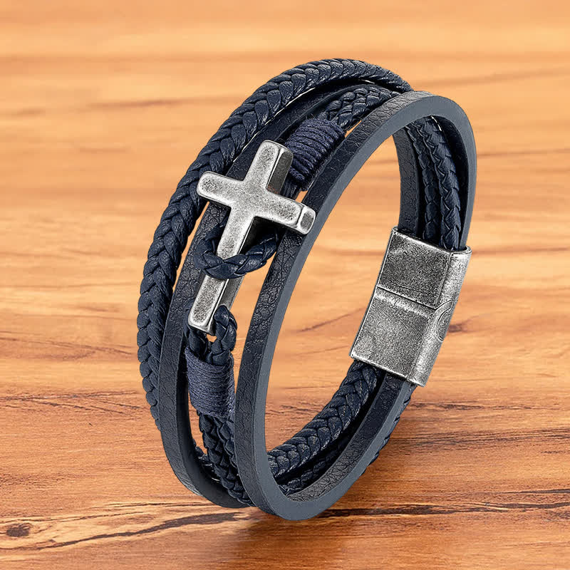 Christianartworkshop Tri - Color Stainless Steel Cross & Braided Leather Fashion Bracelet - Retro Cross#Blue - 23CM - image 14