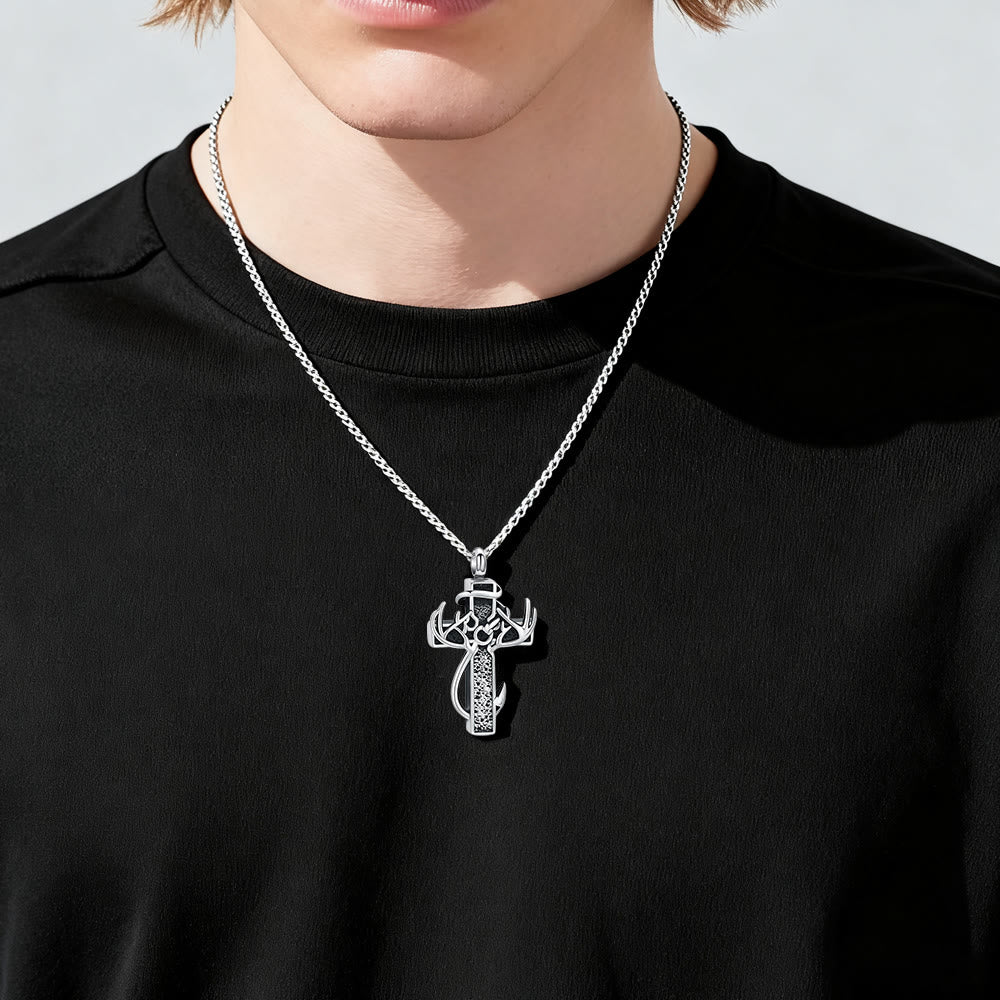Christianartworkshop Antler & Hook Cross Necklace – Hunting & Fishing Faith Pendant, Stainless Steel 60cm – Christian Art Workshop