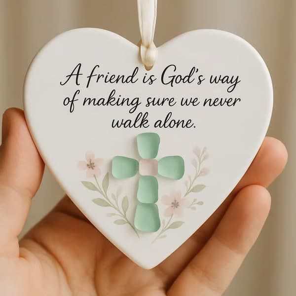 Christianartworkshop Heart-Shaped Cross Ornament: A Friend is God's Way Faith & Friendship Reminder - A Friend is God's Way - image 0