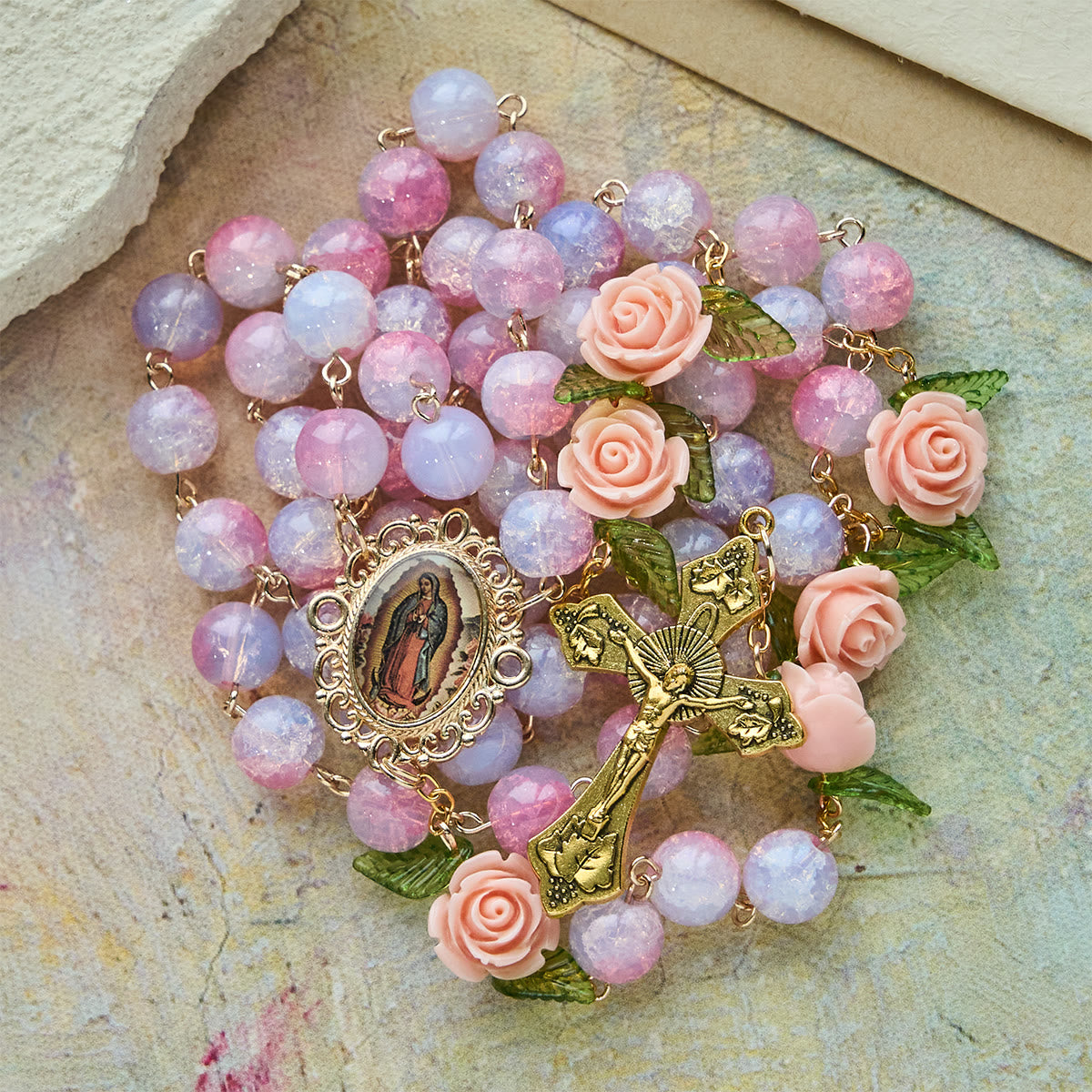 アクセサリー rose Virgin Mary Rose Rosary – Pink Glass Five-Decade Rosary with Our