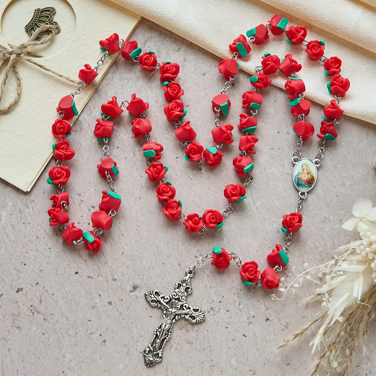 Soft Clay Rose Rosary – Handcrafted Five-Decade Rosary with Our